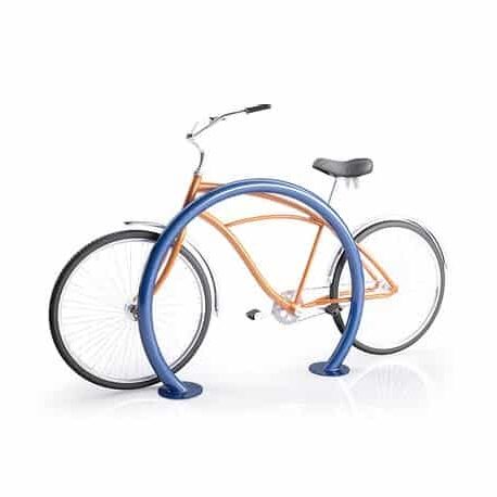 blue circular sidewalk bike rack with orange back omega model